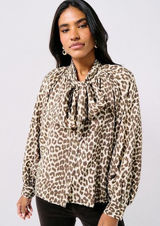 H&M Women's Size Medium Tie-Neck Blouse Light Beige Leopard Print Long Sleeve Photo 0