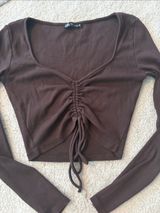 ZARA Brown Ruched Front Long-Sleeve Crop Top Photo 0