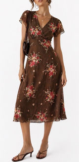 David Warren Silk Floral Midi Dress Brown Y2K 90s Empire Waist Cap Sleeve‎ 8 EUC Photo 0