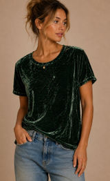 Eileen Fisher Womens Top XL Green Crushed Velvet Silk Blend Short Sleeve Tee Photo 0