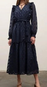 Moon River‎ Navy Polka Dot Midi Dress Small Sheer Long Sleeve Ruffle Tie Belt Photo 0