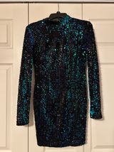 Black Iridescent Sequin Long Sleeve Open Back Dress Photo 0
