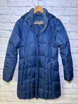 Eddie Bauer Goose Down Filled Hooded Womens Trench Coat Parka Small Blue Winter Photo 0