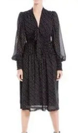 Max studio black polka dot smocked waist long sleeve dress size small Photo 0