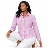 Lands' End Women's M Pink Striped‎ No Iron Button-Up Shirt Officecore Old Money Photo 0