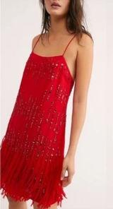 Free People Red Crystal Clear Fringe Retro Flapper Round Neck Thin Strap Dress S Photo 0