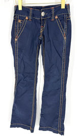 True Religion Joey Navy Blue Big T Stitch Low Rise Flare Pants 26 Made in USA Photo 0