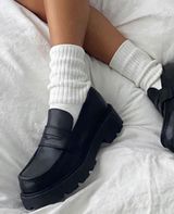 Y2K Black chunky platform schoolgirl preppy minimalist goth grunge loafers oxfords office siren core 2" heels-Size 9M Photo 0