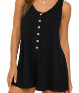 Black Henley Tank Romper Sleeveless Wood Buttons Casual Summer Knit Photo 0