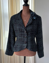 Y2K Tweed Blazer S Blue Plaid Floral Lapel Rosette Office Siren Whimsy Rom Com Photo 0