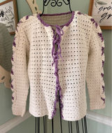 Handmade Crochet Cardigan Womens Medium Cream Purple‎ Bows Tie Front Long Slv Photo 0