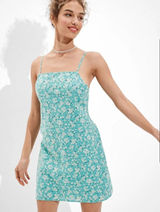 American Eagle Blue Floral Tie Back Mini Dress Size L Square‎ Neck Sundress Photo 0