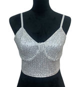 Woman M White Silver Sequin Shiny Bra Crop Top with‎ Adjustable Straps. Photo 0