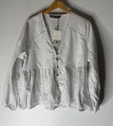 NWT Zara striped linen pheasant‎ v neck button front blouse white blue large Photo 0