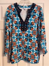 Crown & Ivy Teal Navy Orange Medallion Crochet Trim V-neck 3/4 Sleeve Blouse XL Photo 0