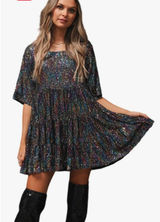 Amazing Lace Oil Slick Sequin Tiered Babydoll Concert and Party Mini Dress XL Photo 0