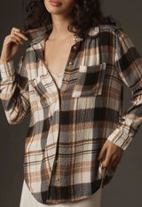 Anthropologie Pilcro Relaxed Long-Sleeve Checkered Shirt Small Brown Plaid Boho Casual Flannel Photo 0
