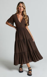 Showpo Cryzel Midi Dress Women 4 Brown Flutter Sleeve Tiered Boho Minimalist Photo 0