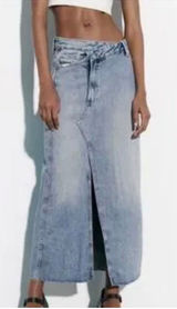 Zara TRF Crossover Long Denim Split Front Rough Hem Maxi Skirt Size Small. Photo 0