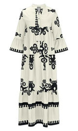 Boho Floral Folk Art Maxi Dress Cream Black Tiered‎ Bell Sleeve Womens Large Photo 0