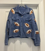 Women’s Blue Size Large Sequin football Game Day corduroy Fringe Jacket Coat Photo 0