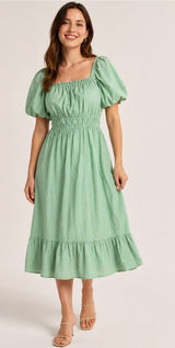 Dizzy Lizzy Sage Green Puff Sleeve Smocked Waist Midi Dress Cottagecore M Photo 0