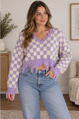 Just Polly New York Purple White Checkered Distressed Frayed V-Neck Sweater L Photo 0