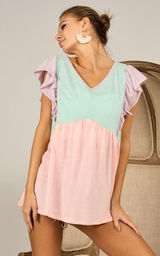 BiBi Triblend Color Block Ruffled Sleeve Babydoll Top - Mint/Lavender/Blush - M Photo 0