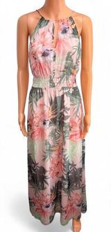 Guess multicoloured floral maxi dress Size S. Lightweight halter maxi with a tropical floral print. Blush pink and soft green tones. Elastic waist for a flattering fit. Sleeveless and flowy for warm days. Photo 0