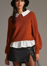 Maeve Anthropologie Textured Twofer Peter Pan Collared Sweater Orange Womens LP Photo 0
