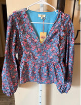 Entro Blue Pink Floral Corduroy Peplum Top V-Neck Ruffle Long Sleeve Blouse L Photo 0