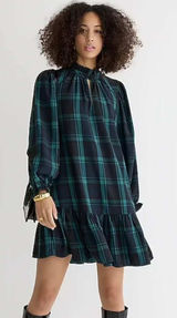 J.Crew‎ BN151 Blackwatch Plaid Ruffle Neck Mini Dress Small Puff Sleeve Tartan Photo 0