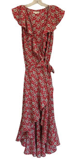 Max Studio Womens L Red Floral Ruffle High Low Wrap Maxi Dress Flutter Photo 0