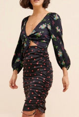 For Love‎ & Lemons Wilson Print Dress Small Black Floral Polka Dot Ruched Mini Photo 0