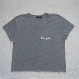 Brandy Melville Grey New York Embroidered Crop Top Tee Shirt Raw Hem OS Photo 0