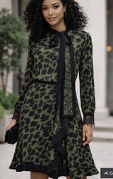 Reiss Katie‎ Animal Print Flippy Dress Green Black Long Sleeve Size 2 Loose Eye Photo 0