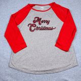 Holiday Time Women's Merry Christmas Raglan Baseball Tee Gray Red Plaid Lg 12-14 Photo 0