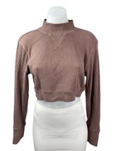 Mono B Brown Long Sleeve Mock Neck Waffle Knit Thermal Cropped Sweatshirt Top L Photo 0