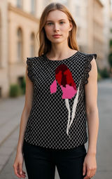 Liz Claiborne Black Diamond Print Floral‎ Sleeveless Top - Size L Photo 0