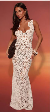 PrettyLittleThing White Flower Crochet Plunge Beach Cover Up Maxi Dress XL NWT Photo 0