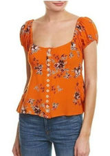 Free People Close To You Orange Floral Puff Sleeve Smocked Peplum Top Small Photo 0