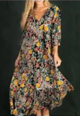 Natural Life Dress Sage V Neck Maxi Tiered Black floral Red Multi Yellow Accents Photo 0