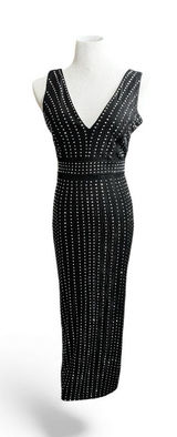 Black Rhinestone Embellished V-Neck Bodycon Sheath Dress Vintage style 50's Med‎ Photo 0