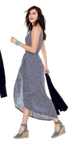 Cabi 5105 Navy White Boat Striped Sleeveless Maxi Dress XS Faux Wrap Nautical Photo 0