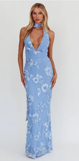 Selfie Leslie Cipriana Backless Halter Maxi Dress Embellished Blue Size Small Worn Once Paid $115 Photo 0
