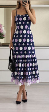 Just Me Navy Floral Crochet Midi Dress with Lavender and Cream Accents Navy Floral Croch Photo 0