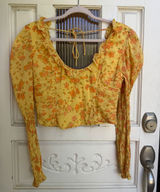 Free People Yellow Floral Smocked Back Ruffle Crop Top Long Sleeve Size Medium Photo 0