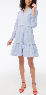 J. Crew Women's Size 12 Blue Striped Tiered Ruffle Long Sleeve Dress Photo 0
