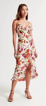 NEW Abercrombie Strawberry Floral‎ Ruffle Wrap Midi Autumn Wedding Guest Dress Photo 0