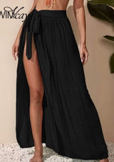 SheIn Black Wrap Swim Cover Up Skirt Maxi Side Slit Tie Waist Beach Size‎ S Photo 0